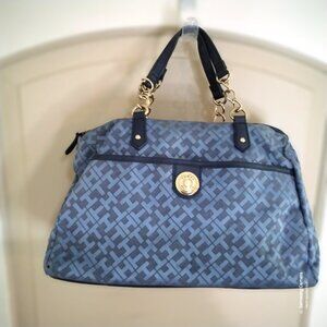 Tommy Hilfiger Blue Satchel Purse Gold Logo Chain Double Strap Multi-Pockets GUC